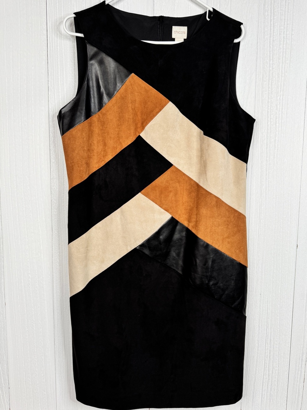 Chico’s Faux Suede & Faux Leather Colorblock Shift Dress Black Tan Cream